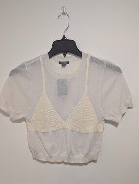 wild fable | Sheer Knit Layered Bralette Short Sleeve Top In Off-White